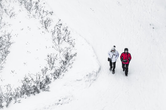 Tallinn, Estonia - 03 January 2025: View of two figures in vibrant jackets traversing a snow-laden path, a stark contrast against the monochrome winter landscape.