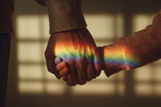 Close up holding hands with rainbow light, love, diversity and human connection concept