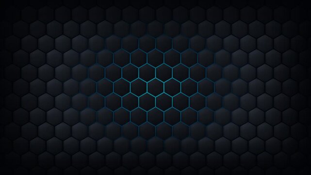 Dark hexagonal geometric grid animation with pulsing central teal light a digital technology background with a symmetrical pattern and gradient lighting effects abstract futuristic mesh