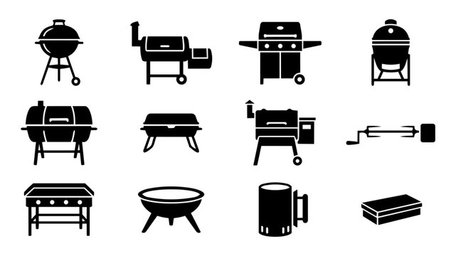 BBQ and Grill Equipment Silhouette Set &ndash; Barbecue and Outdoor Cooking Icons Collection
