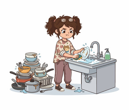 Unhappy young woman crying while doing housework and cleaning many plates, vector illustration