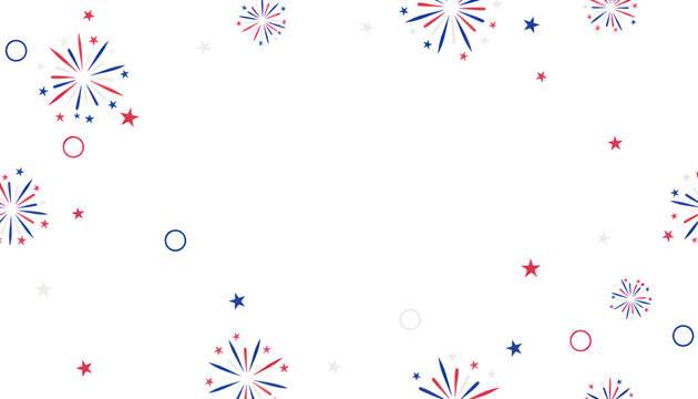 Patriotic fireworks and stars frame, red white and blue festive border, American holiday celebration background for Independence Day isolated PNG with Transparent Background