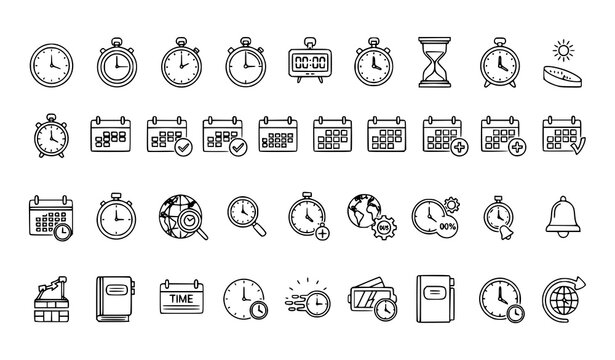 Time and clock icon set with timer and calendar symbols in clean outline vector illustration style