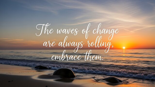 Inspirational quote on serene beach sunset.