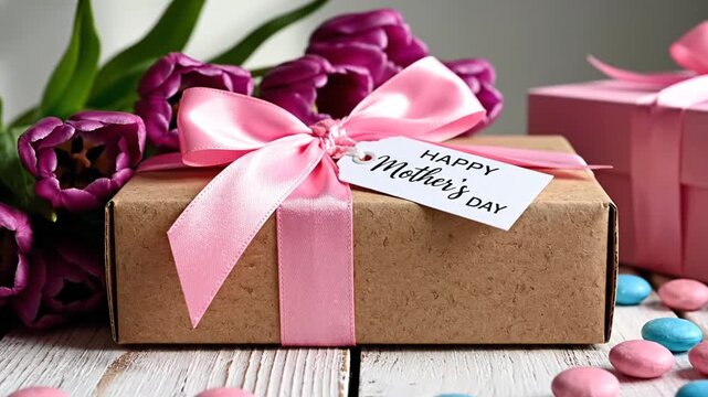 Mother's Day gift box with tulips on rustic wooden table