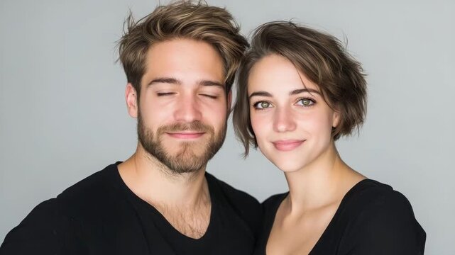 Young couple smiling together in casual outfits with neutral background  