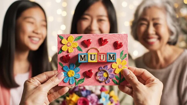 Multigenerational Asian family holding handmade card for Mother's Day
