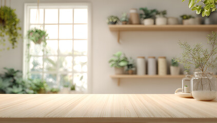Fototapeta premium Empty wooden table with blurred background of a cozy room filled with various houseplants and natural light.