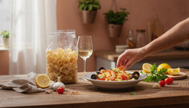 Woman enjoying seafood calamarata pasta at home