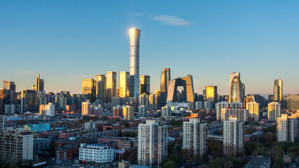 Obraz premium Panorama of Beijing city skyline at sunrise, representing economic recovery, urban growth, and a new beginning in China