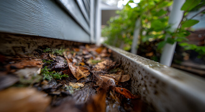 Close-up of a dirty gutter filled with leaves and debris.