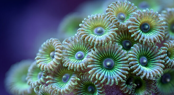 Close-up of vibrant green and blue zoanthid coral polyps in an underwater reef.
