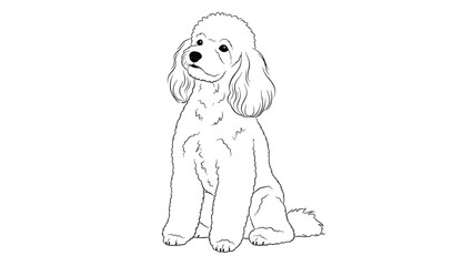 Obraz premium Simple black and white line art illustration of a fluffy poodle dog sitting gracefully on a white background.