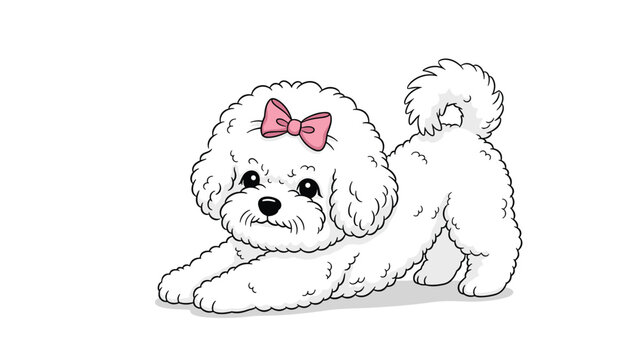 Adorable and fluffy white bichon frise dog with a pink bow stretching its body playfully on a clean white background.