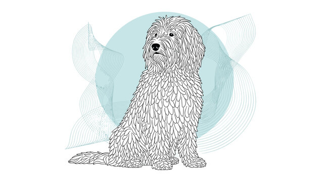 Detailed line drawing of a fluffy goldendoodle or labradoodle dog sitting in front of a blue circular background.