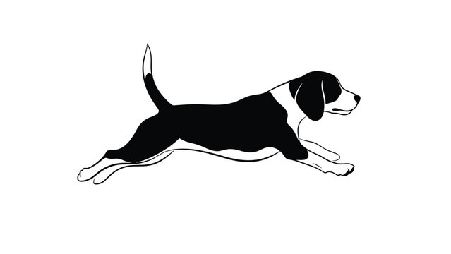 Dynamic black and white illustration of a beagle dog running at full speed against a clear white background surface.