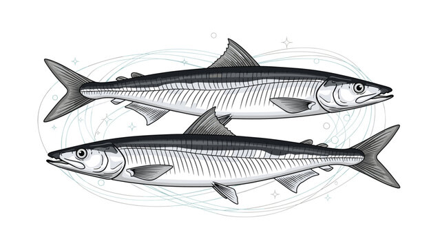 Detailed illustration of two pacific saury fish swimming in opposite directions with subtle artistic swirls in the background for seafood menus.