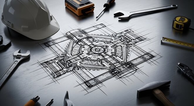 Engineering blueprint of a mechanical engine part with tools
