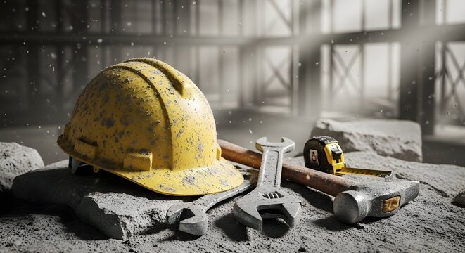 Construction hard hat and tools on concrete at building site