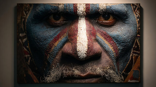 A close-up portrait of a man with tribal face paint and a serious expression