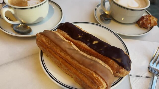 In a French cafe, cups of freshly brewed coffee with milk sit on the table alongside delicious eclairs, a perfect morning treat. High quality 4k footage