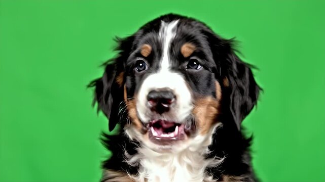 Close-Up of a Bernese Mountain Dog Puppy Face Against a Green Background