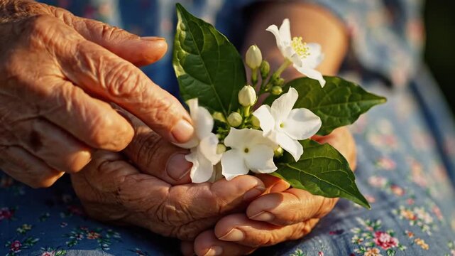 Senior hands holding delicate white jasmine flowers in golden sunlight