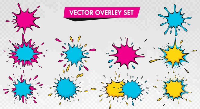 Colorful vector overlay set comic book style splashes and explosions