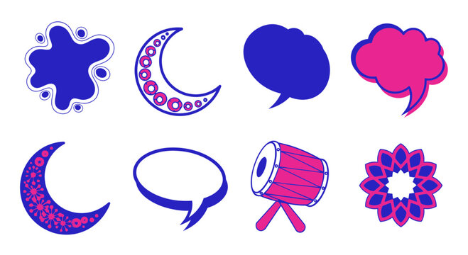 Colorful vector illustrations of shapes moon speech bubbles and drum