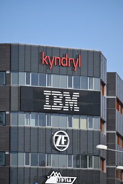 Office building with IBM Kyndryl and ZF logos in Wroclaw Poland
