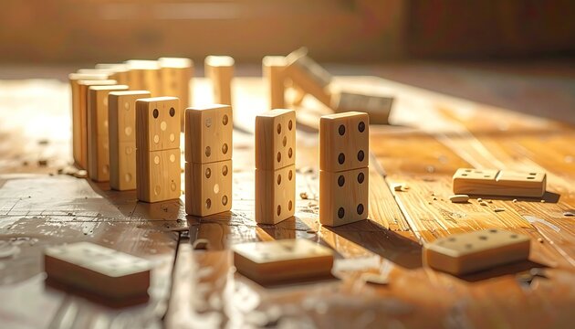 Wooden Dominoes Set Up and Falling on a Luminous Wooden Surface