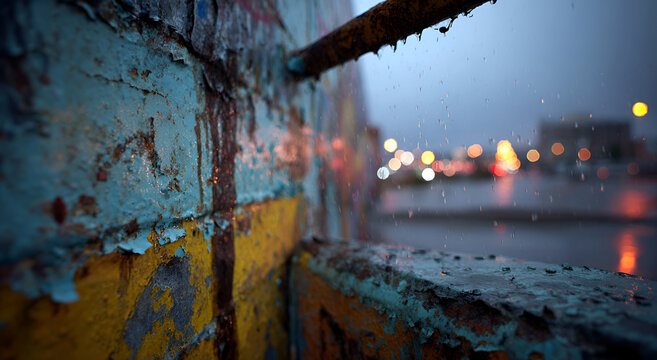 Close-up of weathered metal with peeling paint and rust, city lights in background.