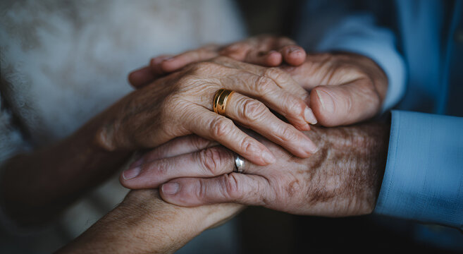Close-up of an elderly couples hands, intertwined and showing wedding rings, symbolizing enduring love and support.
