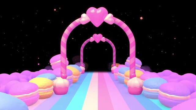 Passing through a sweet macaron corridor on a rainbow road animation. (loop)