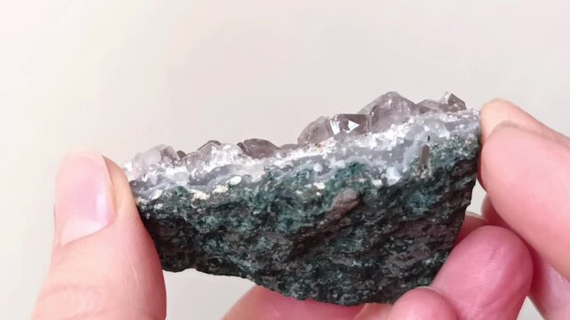 Natural mineral amethyst in hands. Semi-precious multi-colored stones, minerals close-up. Mineralogy. Collection of minerals.