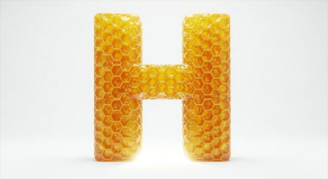 A large letter h made of honeycomb on a white background, symbolizing the letter h in a creative and edible form