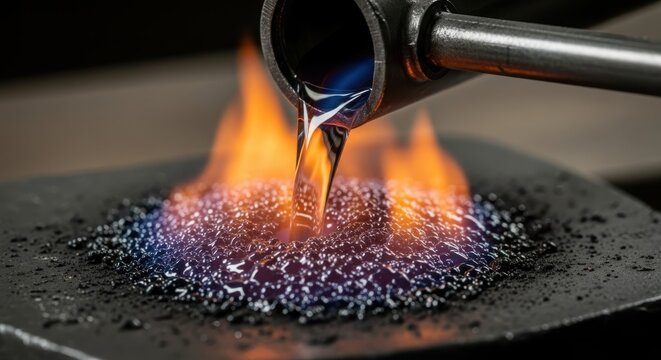 Molten liquid metal pouring into a glowing fiery surface, representing industrial forging and intense heat processes.