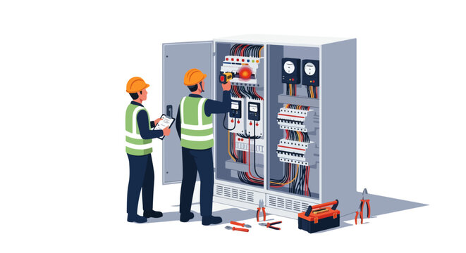 Electrical Technician Repairing Control Panel Isometric Illustration with Termo Gun Thermal Scan Test