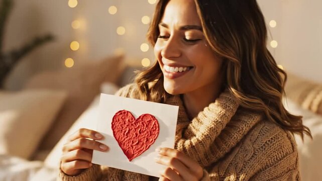 Smiling woman holding a handmade red heart card at home