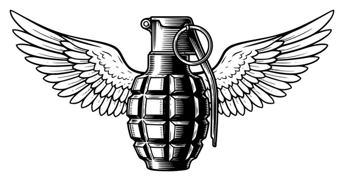 Hand grenade with feathered bird wings in symbolic vintage engraving style