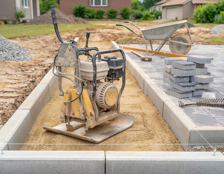 Yellow plate compactor resting on a sand base between concrete curbs during residential walkway paving construction, captured outdoors in natural daylight with blurred background