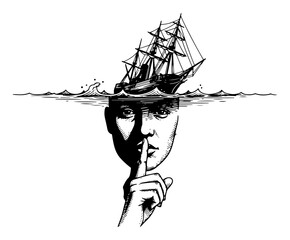 Surreal sailing ship on ocean waves with submerged face making silence gesture in woodcut style © Wera