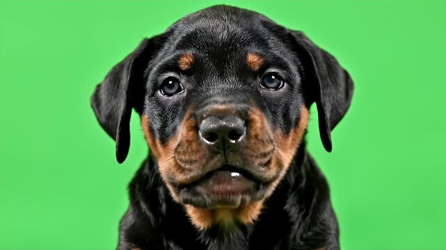 Close-Up of a Rottweiler Puppy Face with Expressive Blue Eyes Against Vibrant Green Background