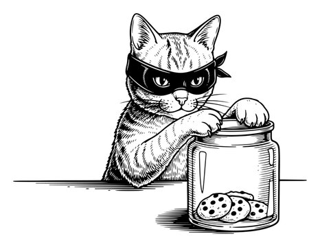 Thief cat wearing mask stealing chocolate chip cookies from glass jar in engraving style