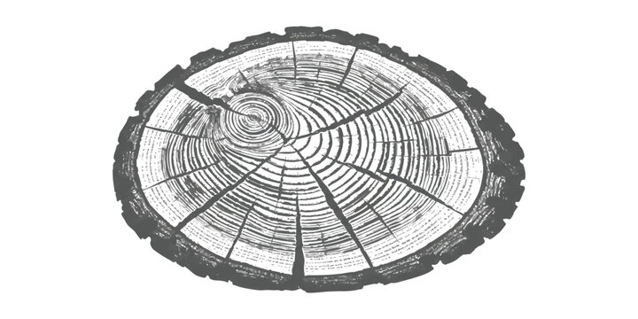 Cross section of a tree trunk showing rings as an engraved wood texture illustration