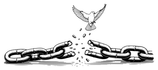 Broken metal chain and flying dove symbolizing freedom in vintage engraving style © Wera