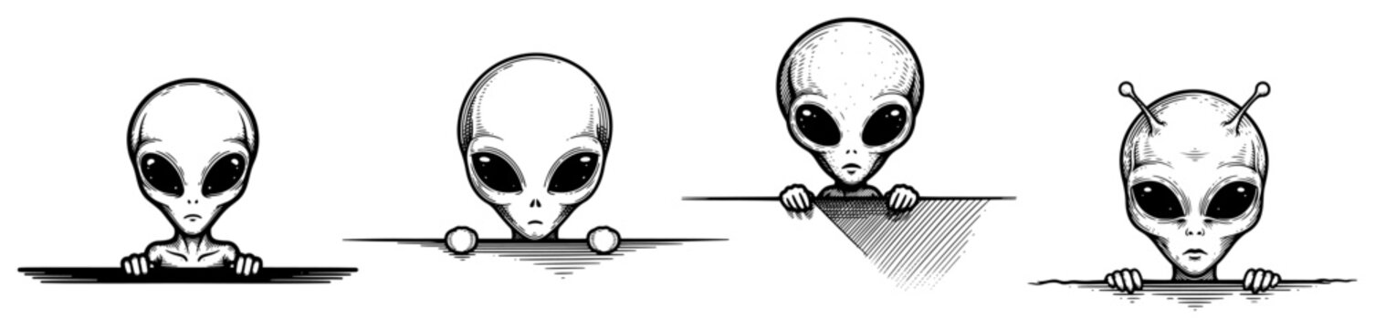 Grey alien heads peeking over borders in detailed ink drawing style