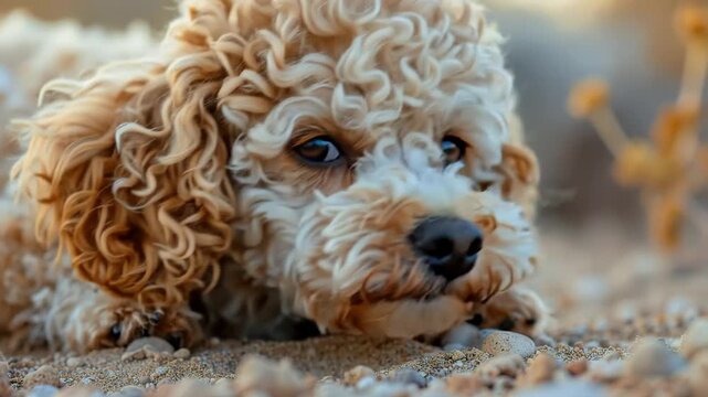 Adorable Curly-Haired Dog Resting on Ground, Close-Up Portrait.