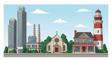 Obraz premium Pixel art cityscape with modern skyscrapers, industrial factory, quaint church, residential house, and a lighthouse on a sunny day