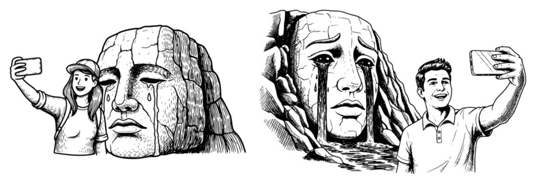 People taking selfies with crying giant stone face monuments in satirical engraving style